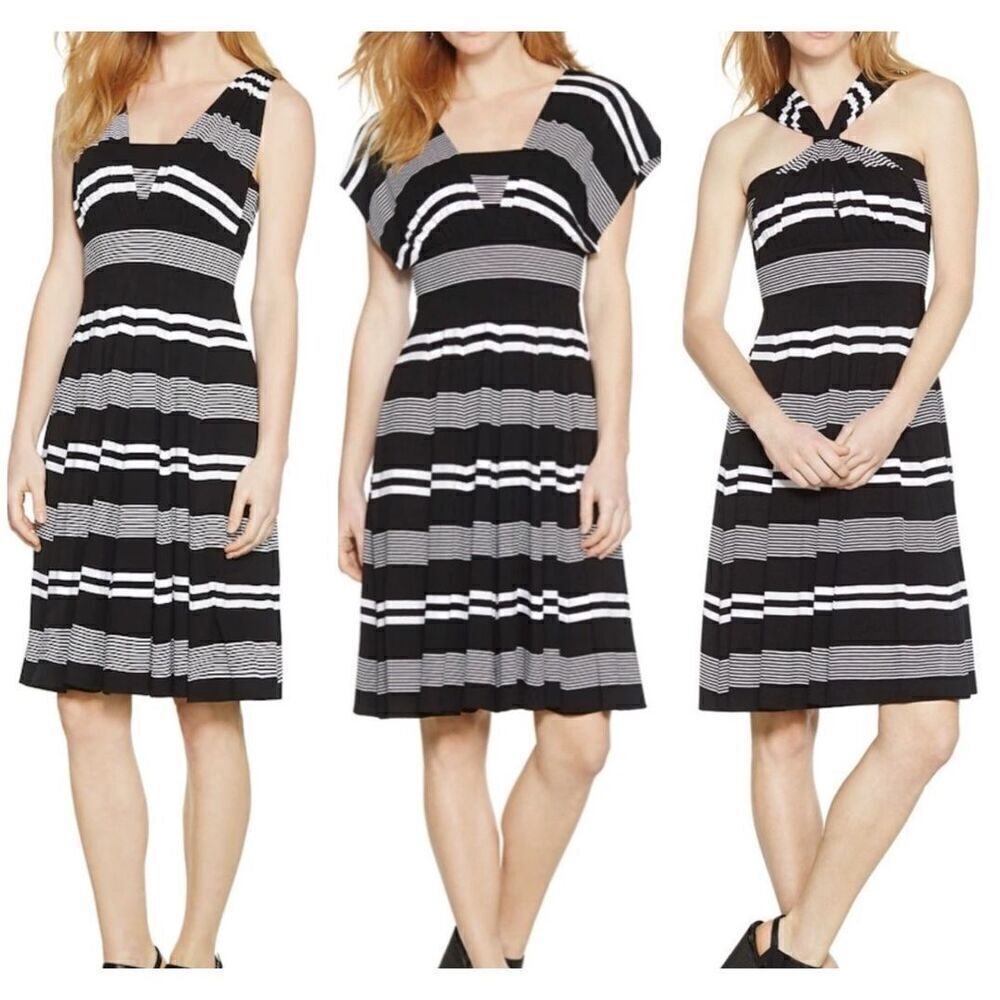 WHBM Genius Convertible Black & White Striped Sleeveless Midi Dress Size 4